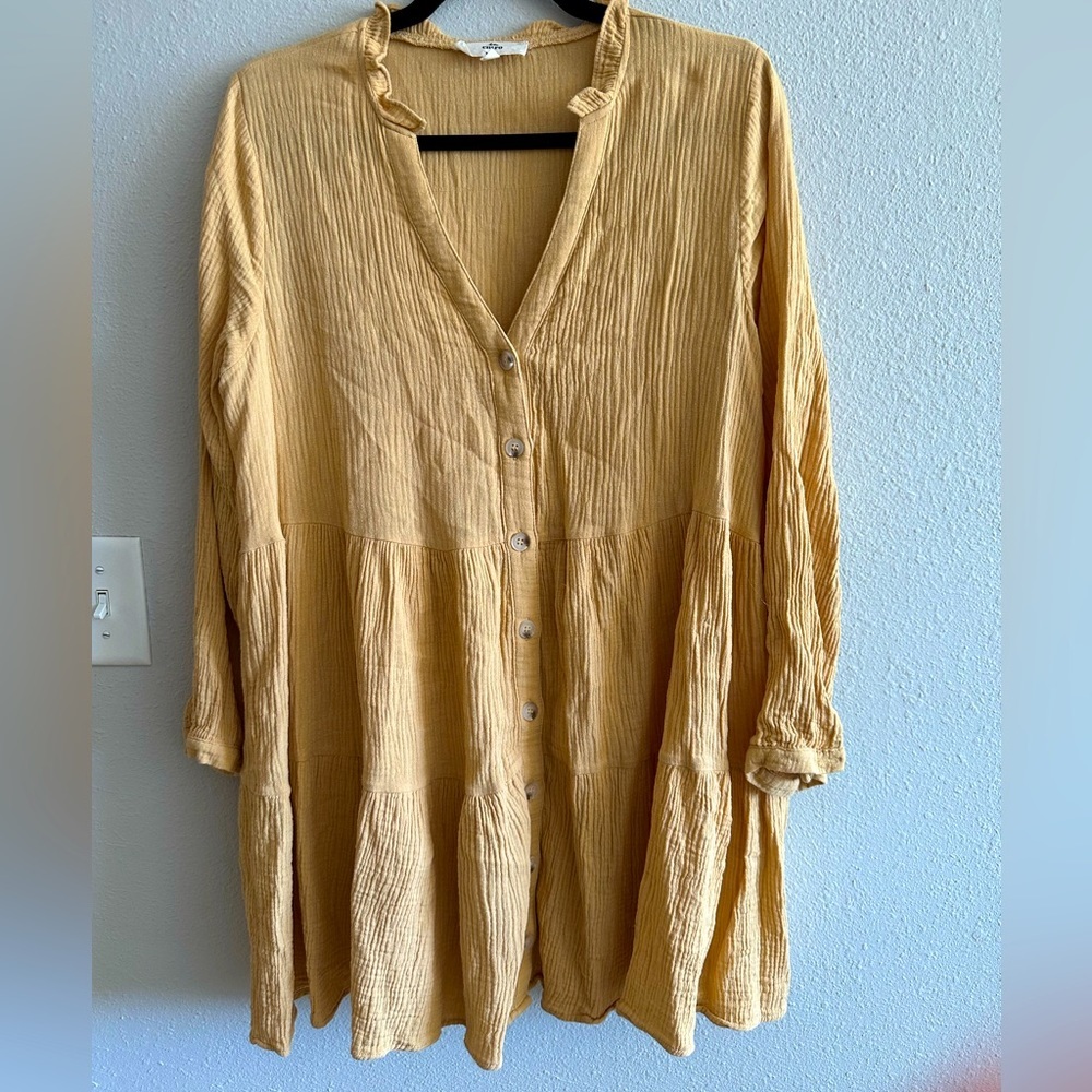 A1 - #42 Mustard yellow linen button down dress size small Entro